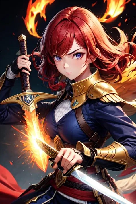 1 girl, Red hair, flaming eye, sword, holding sword, , casas en , shining, side lighting, wallpaper