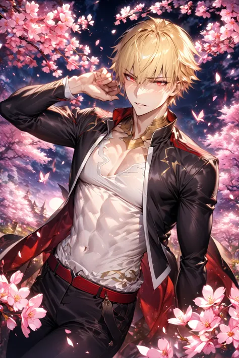 absurdres, highres, ultra detailed, HDR, master piece, best quality, detailed eyes, detailed face, Gilgamesh, blonde hair, short hair, expressive red eyes, Fate Grand Order, fantasy, magical, solo, sexy man, adult face, handsome, sensual, adult, black jack...