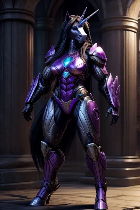 unicorn with female human body, muscular and strong body, cyborg body, purple armor, long black hair. humanoid, full body.