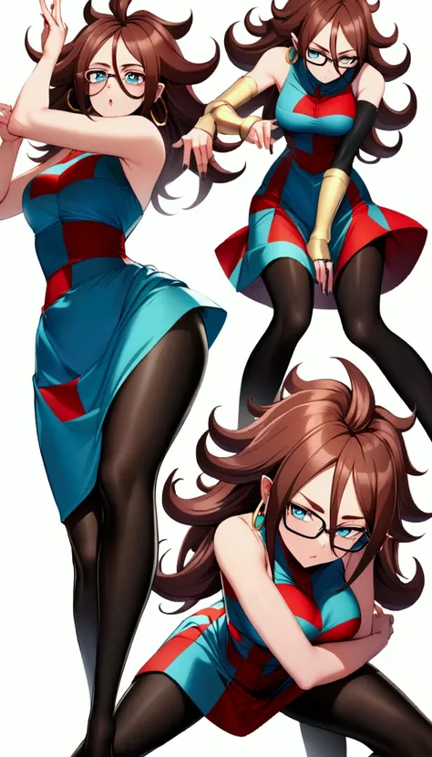 Android 21, Brown Hair, Long Hair, Curly Hair, blue eyes, Hoop Earrings, Checked dress, Sleeveless, Black Pantyhose, White, Glasses, Knee-length dress, random pose,