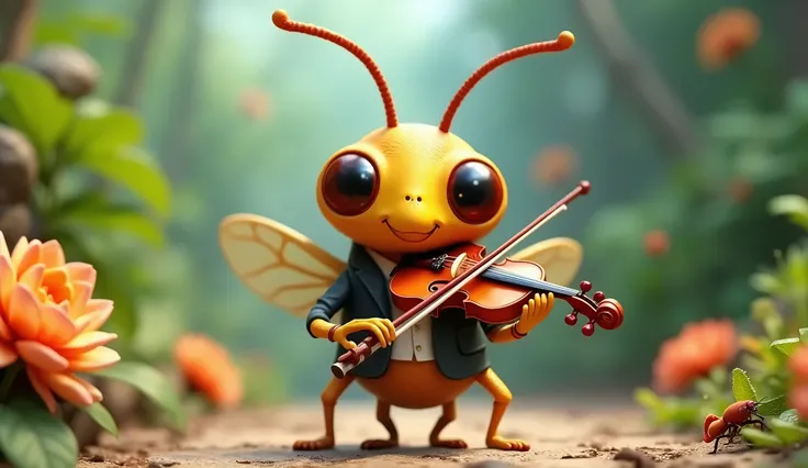 a cicada character holding a violin, in a chibi 3D cartoon style

