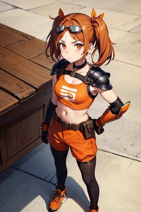 Anime Art、Full body portrait、Characters of the early modern period、Background blank、A female pilot standing upright, about 150cm tall, about , wearing an orange tank top and orange shorts、Wears goggles on his forehead、She is wearing black tights that cover...