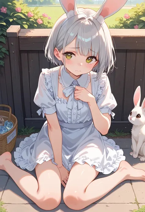 ((masterpiece, Best Quality)),One girl, Alone, animal ears, rabbit, barefoot, skirt, Sitting, rabbit ears, Short sleeve, (bully, shy, BLANCING: 1.3), Looking at the audience, glass, short hair, Gray Hair, Puff sleeves, Outdoor, fluffy Short sleeve, bangs, ...