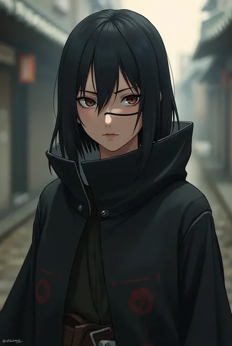 A Naruto character with medium length straight hair down with bangs, with a horizontal cut scar across his right eye, with a renegade Shinobi cape and outfit 