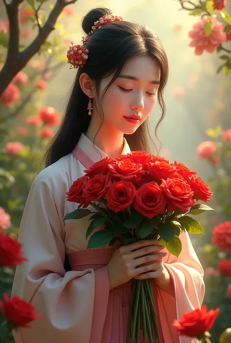 Korean girl praying with a bouquet of roses and surrounded by flowers and light 