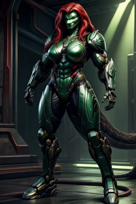 snake with female human body, muscular and strong body, cyborg body, dark green armor, long red hair, super mechanical right arm, humanoid, full body.