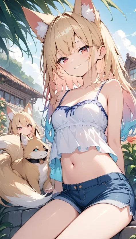 highest quality、Smirking face、Small breasts、belly button、Fox ears、Long blonde、Red Eye、camisole、Shorts、garden