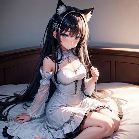 Long hair anime girl sitting on the bed, cat ears, Girl seen from the front, Cute anime bride in beautiful clothes, Enchanting anime girl,  Exquisite details. dress, anime 4k black hair