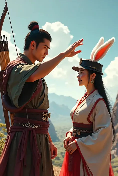 Handsome male archer saluting, ancient Chinese woman wearing police hat with rabbit ears, long shot,Both of them have smiling faces. , Very detailed, 