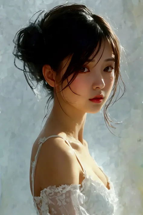 Full body shot of a young beautiful woman in a form-fitting white dress、Large Breasts、1、Japanese Model、Hair tied up、profile、Hold it at a slight angle、Realistic、Real、Black Background、back、Butt、Shoulder Bare