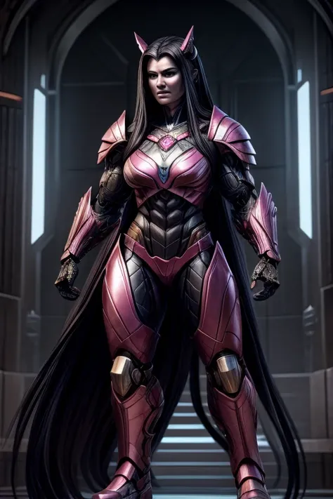 phoenix with female human body, muscular and strong body, cyborg body, pink armor, long black hair, humanoid, full body.