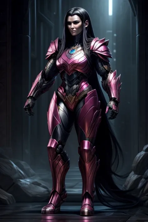 phoenix with female human body, muscular and strong body, cyborg body, pink armor, long black hair, humanoid, full body.