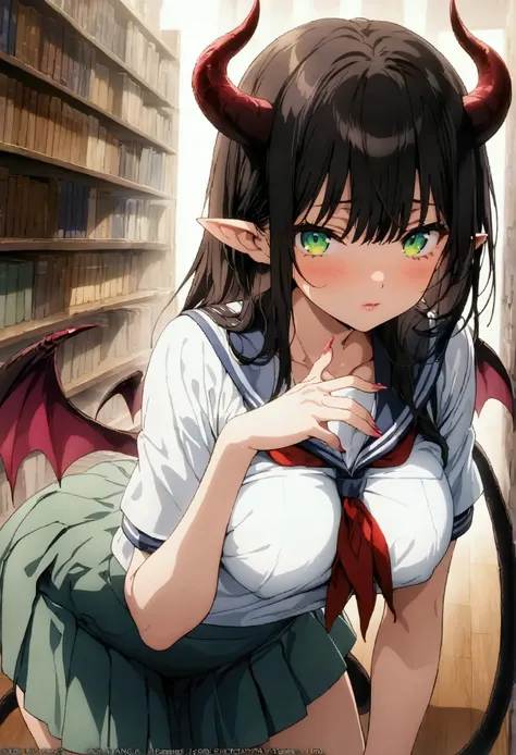 (masterpiece, top quality, best quality, official art, beautiful and aesthetic:1.2), 1 girl, succubus, sailor school girl uniform, green skirt, white shirt, slutty pose, anime, sexy, spaded tail, horns, green eyes, long black hair, library background, bust...