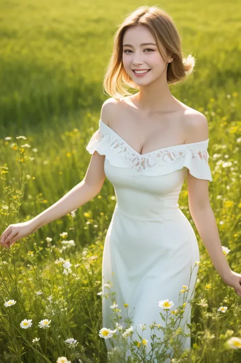 cleavage，Best quality, masterpiece, ultra high res, (photorealistic:1.4), raw photo, 1girl, white dress, off shoulder, White flower field, glowing skin, light smile