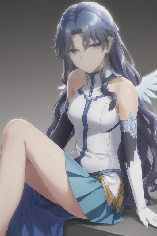 (A beautiful genderswapped Shinji Matou with long, wavy blue hair and piercing blue eyes, wearing a blue skirt, elbow gloves, and a white dress with a metal collar and mechanical angel wings, looking directly at the viewer with a coy expression, 8k, high q...