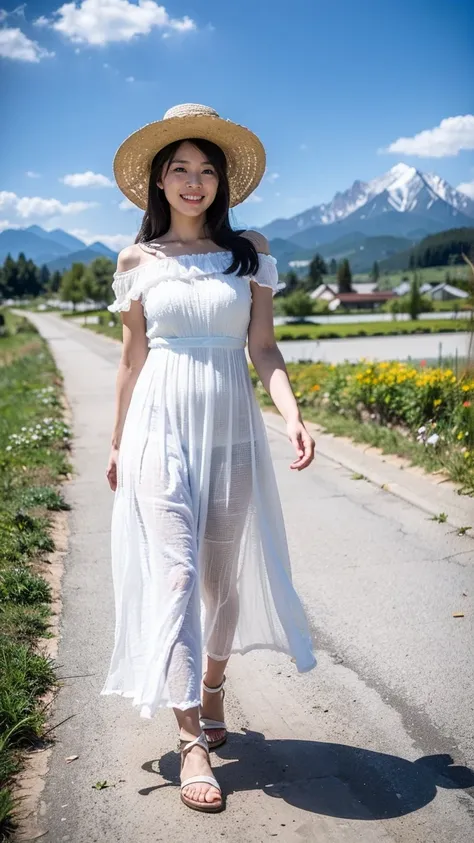 8k、High resolution、Masterpiece、Best Quality、1girl,Natural body shape、White skin、Natural Makeup、((Black Hair、Semi-long hair))、Fluffy white long dress、Straw hat with red ribbon、White Sandals、Walking、Looking into the camera、Head to toe portrait、I can see the ...