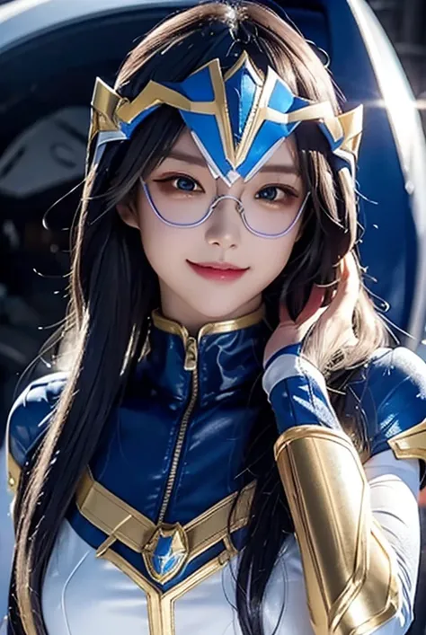 A woman smile, blue ranger suit, as she power rangers blue, helmet mask, long hair, high detailed, realistic, gloves, ultra realistic, ((full face helmet)), glasses on eyes