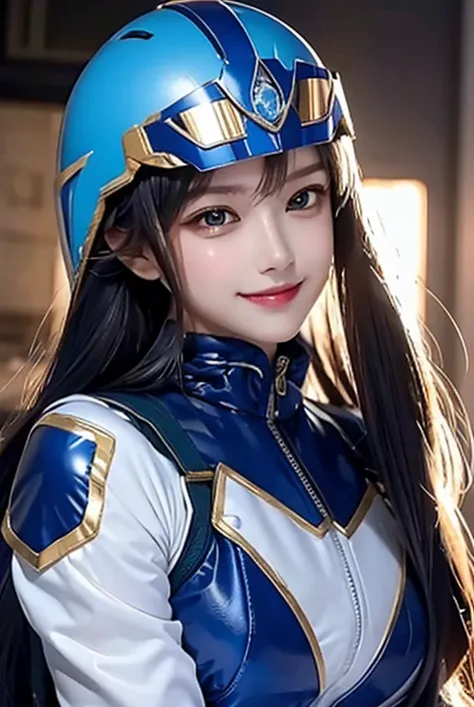 A woman smile, blue ranger suit, as she power rangers blue, helmet mask, long hair, high detailed, realistic, gloves, ultra realistic, ((full face helmet)), glasses on eyes