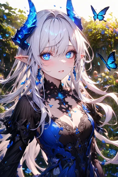 absurdres, highres, ultra detailed, HDR, master piece, best quality, extremely detailed, detailed eyes, detailed face, Luciela, white hair,, expressive blue eyes, Elsword, solo, woman, beautiful, black clothes with blue, blue horns, demon, slightly pointy ...