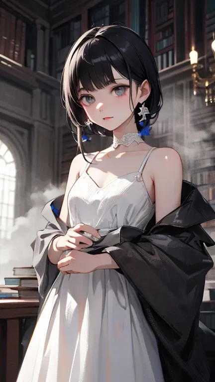 highest quality、masterpiece、Practical、Original photo、A girl、Cute face、１６talent、Black Hair、Gray eyes、Small chest、White shoulder dress、White Dress、Low Light、Cool colors、Fascinating eyes、Foggy atmosphere、Mysterious atmosphere、Dramatic contrast、Beautiful postu...