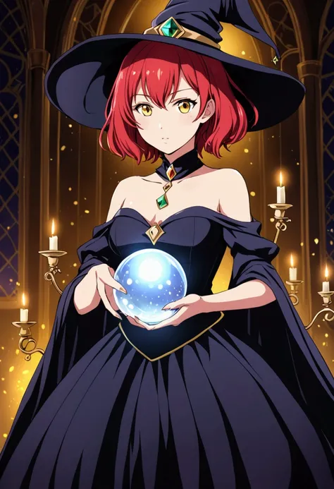 a red-haired teenage girl, with short hair and yellow eyes, dressed as a witch with a long dress and a witchs hat. beauty queen body, medium breasts, medium distance anime style. with a crystal ball in her hand. low light environment, 