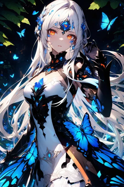 absurdres, highres, ultra detailed, HDR, master piece, best quality, extremely detailed, detailed eyes, detailed face, Eve, white hair,, expressive orange eyes, Elsword, solo, woman, beautiful, blue crystal on the forehead, black clothes with white, she is...