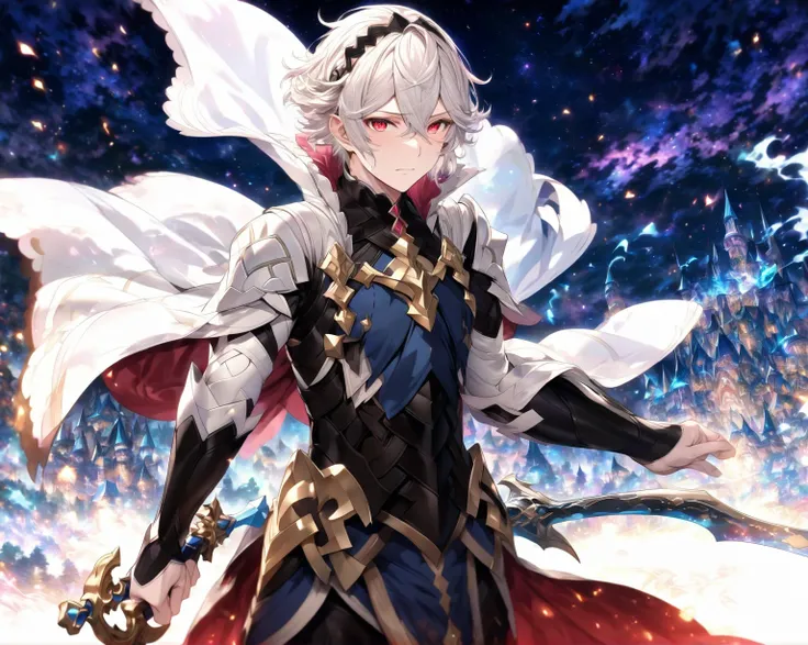 absurdres, highres, ultra detailed, HDR, master piece, detailed eyes, detailed face, Corrin, white hair, short hair, expressive red eyes, white cape, Fire Emblem Fates, sexy man holding a sword, handsome, best quality, fantasy, magical, solo, starry sky, a...