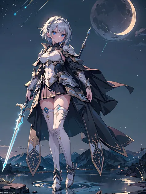 (((masterpiece, best quality, high detailed, 16k))) (1girl) A fierce warrior with short silver hair and glowing blue eyes, wearing light silver armor with a crescent moon emblem on her chest. Her flowing cape trails stardust as she wields a shining spear. ...