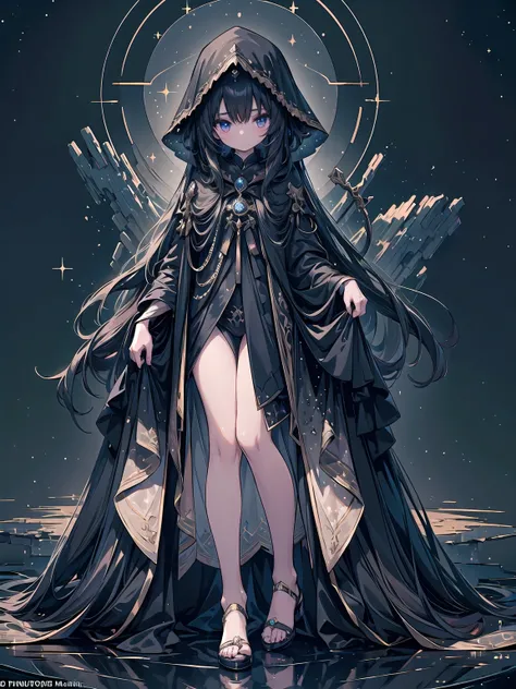 (((masterpiece, best quality, high detailed, 16k))) (1girl) A mysterious woman cloaked in dark robes, her long black hair blending into the night. Her pale, ethereal skin glows faintly under the starry sky, and her eyes are hidden under the hood of her clo...