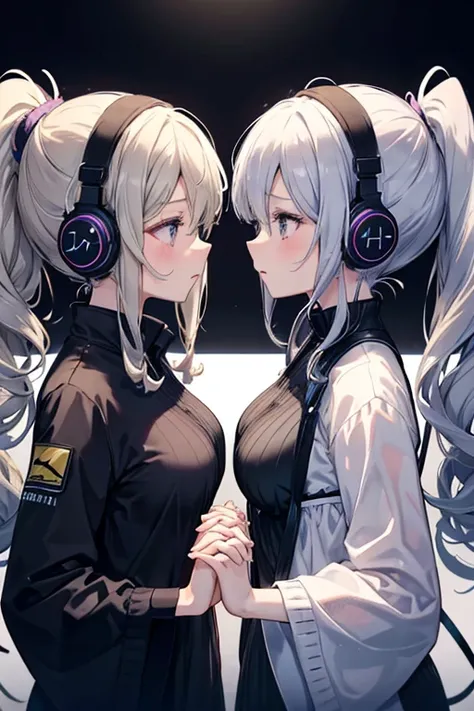 2 girls、Mature、Ample breasts、profile、Facing each other、Gazing at each other、Long eyelashes、ponytail、ハイponytail、Curly Hair、butterflyのHeadphones、Bust Up、Gray Hair、Open your mouth、sing、Black background、Headphones、butterfly、Holding hands、Holding each other&#39...