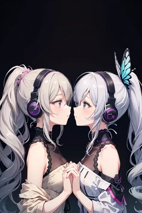 2 girls、Mature、Ample breasts、profile、Facing each other、Gazing at each other、Long eyelashes、ponytail、ハイponytail、Curly Hair、butterflyのHeadphones、Bust Up、Gray Hair、Open your mouth、sing、Black background、Headphones、butterfly、Holding hands、Holding each other&#39...