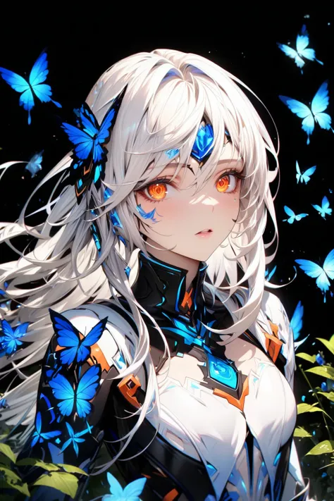 absurdres, highres, ultra detailed, HDR, master piece, best quality, extremely detailed, detailed eyes, detailed face, Eve, white hair,, expressive orange eyes, Elsword, solo, woman, beautiful, blue crystal on the forehead, black clothes with white, she is...