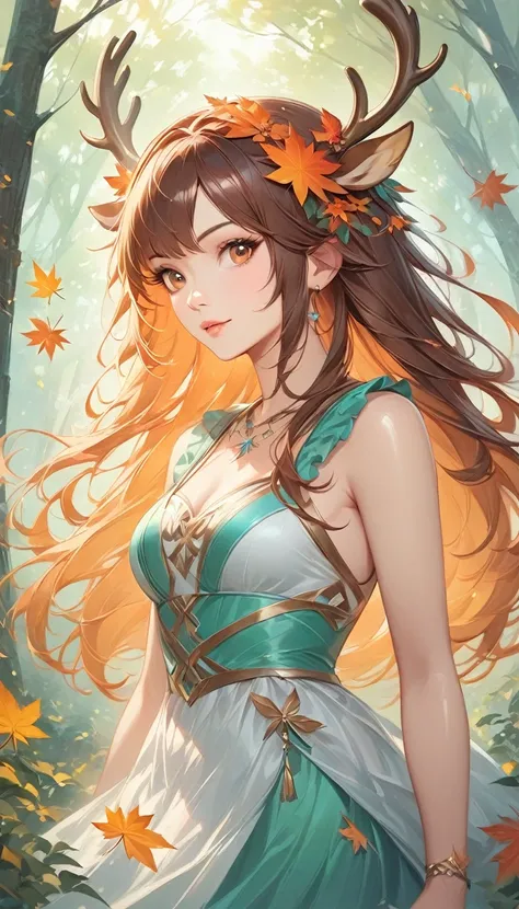 detailed textures, high quality, high resolution, high accuracy, Realism, color correction, correct lighting settings, harmonious composition. ((best quality)), ((masterpiece)), (detailed), woman with long hair and deer antler headband in forest, 🍁 Cute, 🍂...