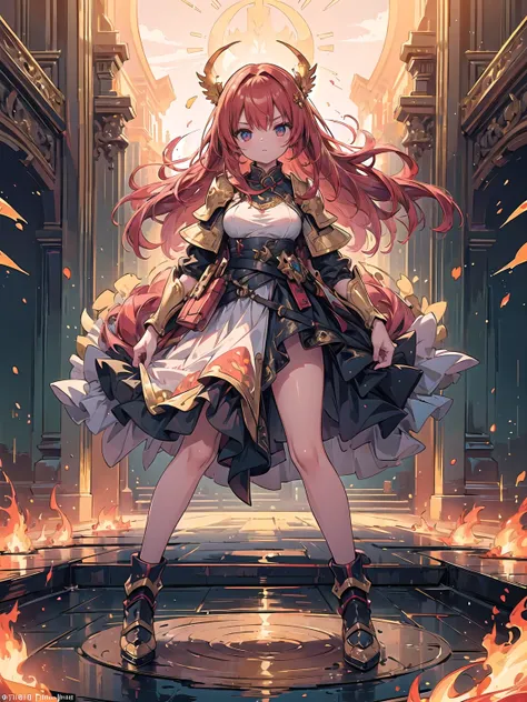 (((masterpiece, best quality, high detailed, 16k))) (1girl) A powerful female warrior with fiery red hair, clad in golden armor that shines like the sun. Flames flicker from her sword, and her expression is one of intense energy and passion. She commands t...