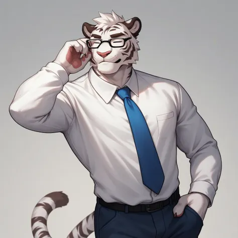 detailed art, appearance: alone, furry, white tiger, pompadour hairstyle, attire: a white suit, and a blue tie. he wears circula...