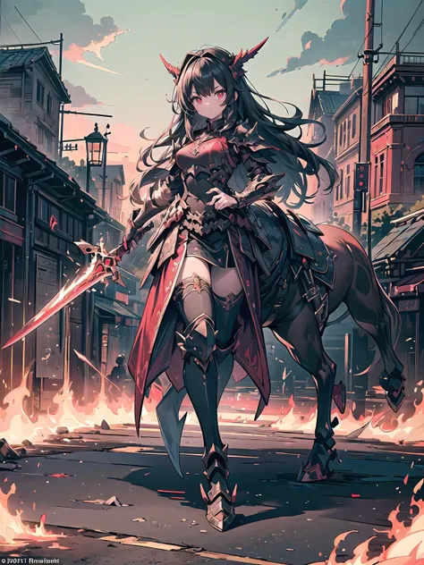 (((masterpiece, best quality, high detailed, 16k))) (1girl) A fearsome female warrior riding a crimson horse, her demonic armor a deep blood-red, with glowing embers. She wields a massive flaming sword, her eyes burning with fury. The landscape around her ...