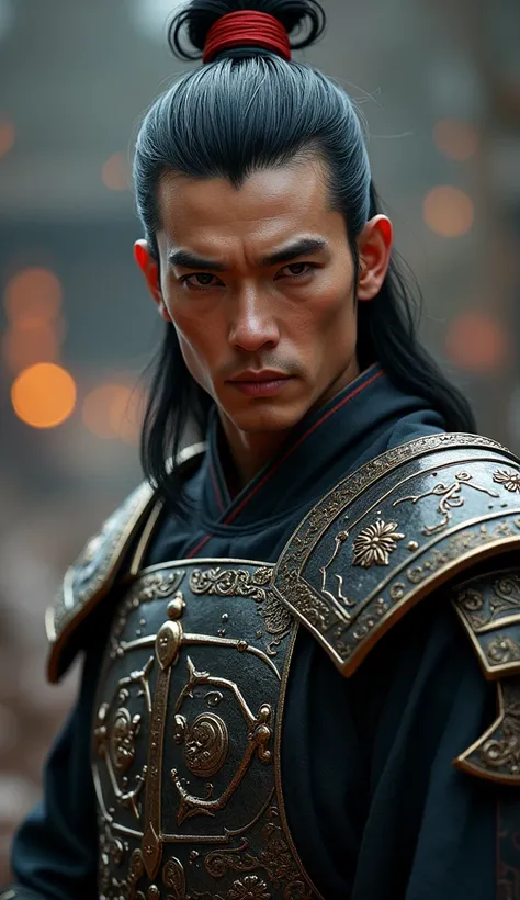 A portrait of Shang is a tall, muscular Chinese man with tanned skin, dark brown eyes, and shoulder-length black hair tied in a bun adorned with a red clip.
His primary appearance has him wearing a black-and-gray Chinese warrior armor that resembles a Genj...