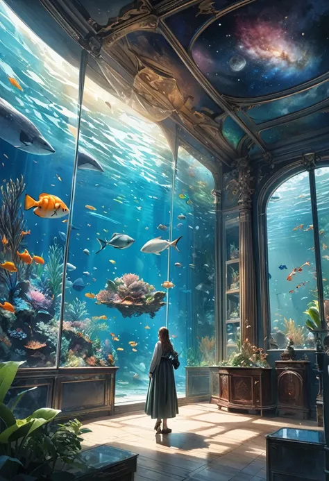 conceptual installation fantasy science art, a diagram of the unfolding of the world, The three-dimensional world we live in is inside a transparent box like an aquarium, Inside it are the universe, galaxies, planets, etc, BREAK Outside the aquarium is the...