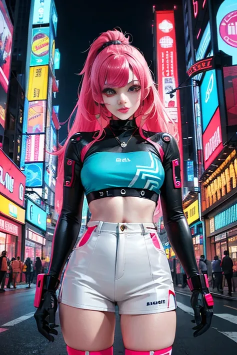 masterpiece, best quality,
1 cyberpunk girl, looking at viewer, cowboy shot, 
Confident girl with slightly sassy expression, Harajuku-inspired pop outfit, bold colors and patterns, eye-catching accessories, trendy and innovative hairstyle, vibrant makeup, ...