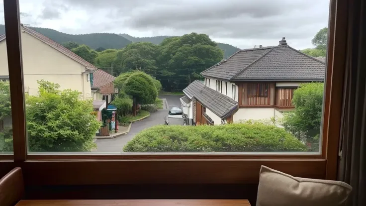 Quiet cafe window、A cup of latte on a wooden table。Outside the window is a lush tree々Spreading、Under cloudy skies、A quiet street view。The car is running a little、Overall a relaxed atmosphere。Beautiful latte art is drawn on top of the latte.、Natural light p...