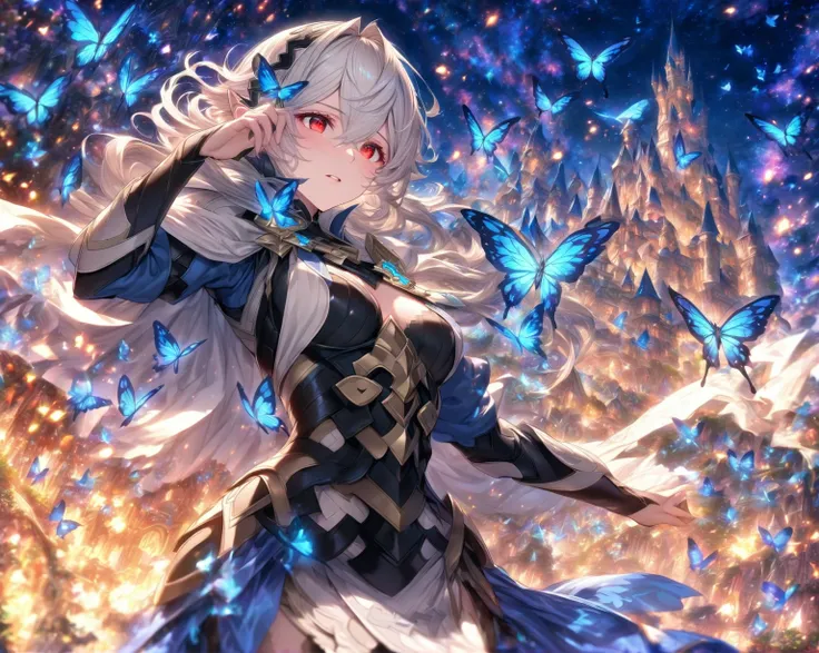 absurdres, highres, ultra detailed, HDR, master piece, detailed eyes, detailed face, Corrin, white hair, expressive red eyes, white cape, Fire Emblem Fates, woman, extremely beautiful, best quality, fantasy, magical, solo, starry sky, amnesia memories, adu...