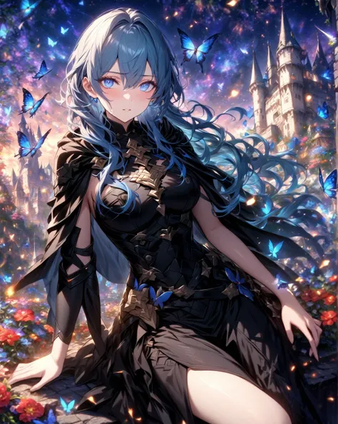 absurdres, highres, ultra detailed, HDR, master piece, detailed eyes, detailed face, Byleth, blue hair, expressive blue eyes, black cape, Fire Emblem three houses, woman sitting, extremely beautiful, best quality, fantasy, magical, solo, starry sky, amnesi...