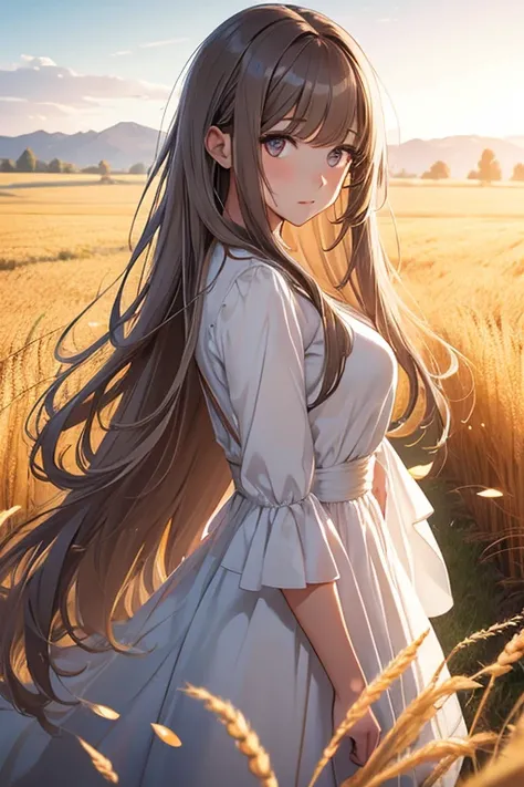 Nerfed, Young, woman, beautiful, long brown hair with bangs, silver eyes, wearing a white dress, slightly surprised expression, in a golden wheat field. drawing style. Full body shot.