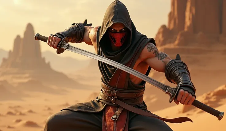 a close-up of a person with a hood and a sword, Mortal Kombat character,in epic ninja costume fighting pose, amazing wallpaper, fighting game character, scorpion from mortal kombat, flowing robes and leather armor, desert warrior ancient mage, mortal komba...