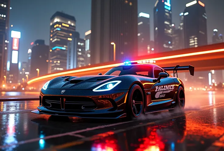 a shiny, customized Dodge Viper police car, vibrant urban landscape at night, tall illuminated buildings, prominent bridge, warm yellow tones, transparent holographic silhouette of ultra-realistic cobra snake, detailed urban landscape, illuminated structur...