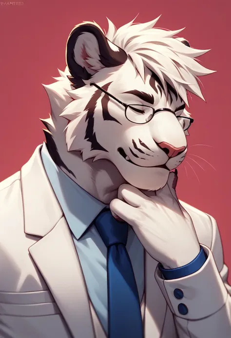 detailed art, appearance: alone, furry, white tiger, with pompadour hairstyle, attire: a white suit, and a blue tie. he wears ci...