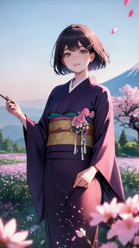 masterpiece, High image quality, Very detailed, woman, short hair, hairpin, kimono, Spring flowers, Windy, Open Shrine, Pink petals, Mount Fuji, Written boundary depth, Blurred Background