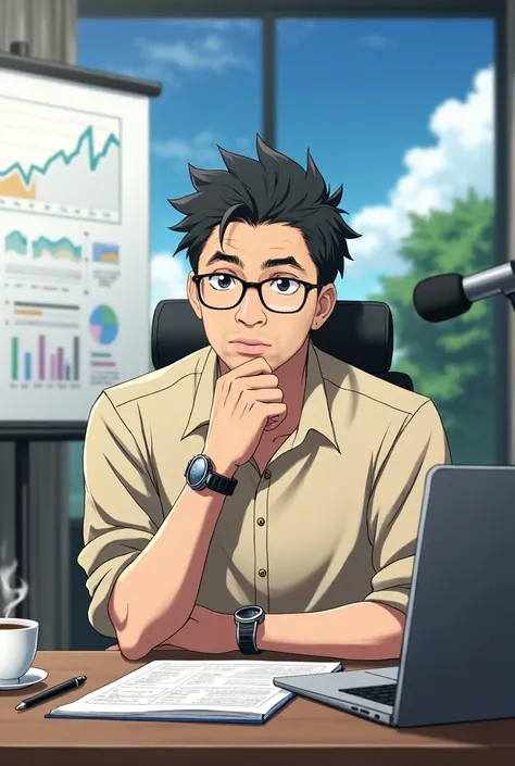 Man anime character wearing glasses, beige shirt and silver watch. He sits at a desk with a notebook, pen, laptop, teacup and microphone. Behind him is a panel showing his analysis of the data and a picture of the sky. He is confident, calm, and looks at t...