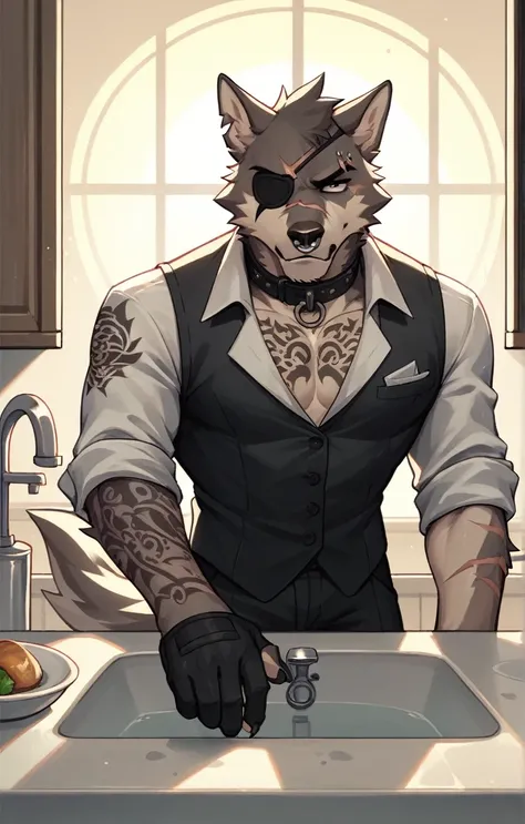 Furry Wolf Bully, Standing up Washing dishes in the sink Wearing Black Butler Suit with sleeves rolled up, Black Gloves, Collar, Sun rising, Kitchen, Cold and serious, Tattoos, nose piercing, Scars, Black Eye patch.