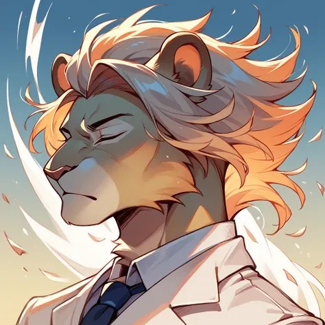 Art of a lion furry, in Mane hairstyle style, Wearing a white suit, Model pose, arrested, wind, with eyes closed, at night with low backlighting.